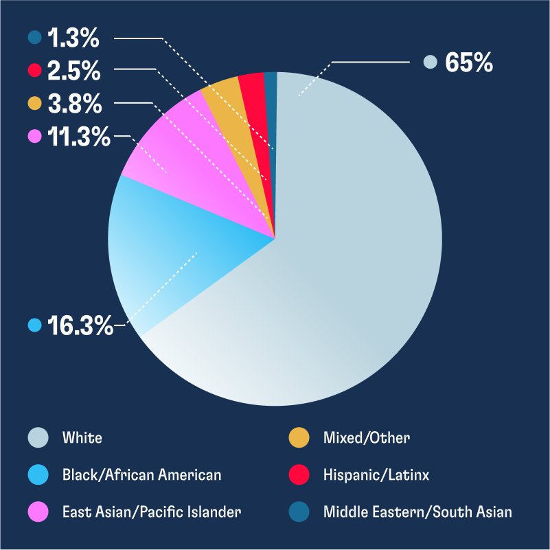 Pie chart depicting the following: 69.5% of characters portrayed as aware of climate change were White, 16.3% were Black/African American, 11.3% were East Asian/Pacific Islander, 3.8% were Mixed/Other, 2.5% were Hispanic/Latino, and 1.3% were Middle Eastern/South Asian.
